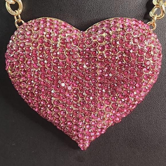 Bling large pink heart necklace with Cuban link goldtone - Picture 3 of 9